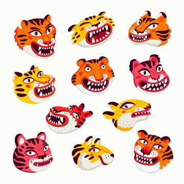 Tiger vector heads set, cartoon tiger funny faces on white background. Organic Stock Illustration