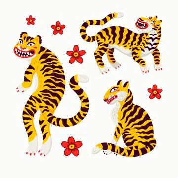 Tiger vector set, tigers in various poses and japanese cherry blossom in cartoon Illustrazione stock