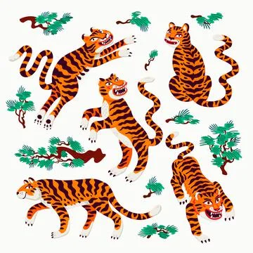 Tiger vector set, tigers in various poses and japanese pine branches in cartoon Illustrazione stock