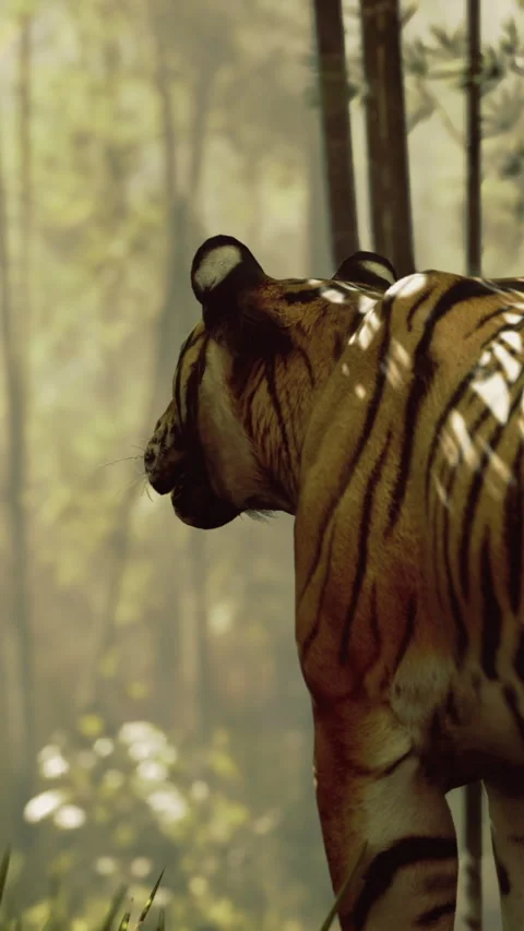 Tiger walking through a forest while sunlight filters through trees Stock Footage 332219972