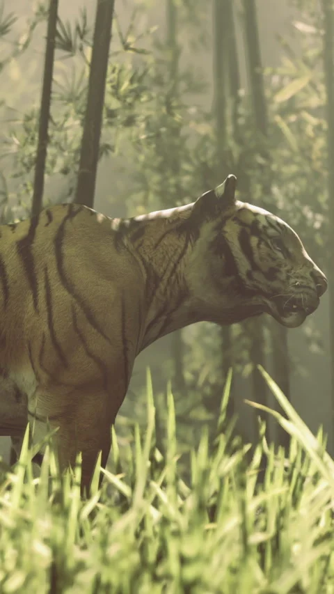 Tiger walks through a bamboo forest during a sunny day in the wild Stock Footage 334172261