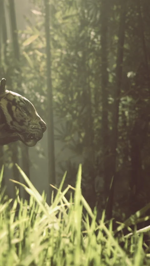 Tiger walks through tall grass in a forest during a sunny day Stock Footage 334172550