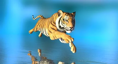 Tiger in water on blue background 3d illustration Stock Illustration