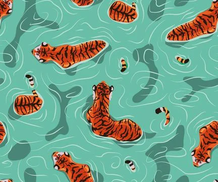 Tiger in the water. Seamless pattern with floating tiger, Big male tiger walk Stock Illustration