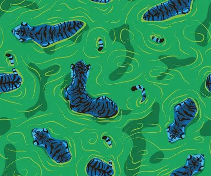 Tiger in the water. Seamless pattern with floating tiger, Big male tiger walk 스톡 일러스트