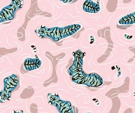 Tiger in the water. Seamless pattern with floating tiger, Big male tiger walk Illustrazione stock