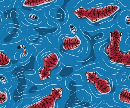 Tiger in the water. Seamless pattern with floating tiger, Big male tiger walk Stock Illustration