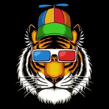 Tiger wearing propeller hat and 3d eyeglasses vector illustration Stock Illustration
