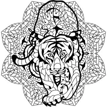 Tiger zentangle stylized with mandala, vector, illustration, hand drawn. Print Stock Illustration