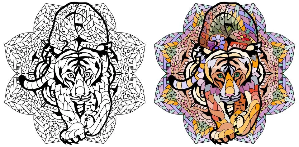 Tiger zentangle stylized with mandala, vector, illustration, hand drawn. Prin 스톡 일러스트