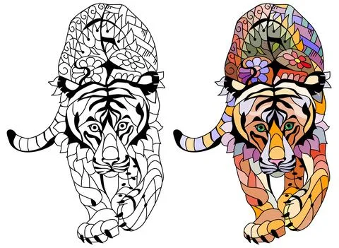 Tiger zentangle stylized, vector, illustration, hand drawn. Print for t-shirt 스톡 일러스트
