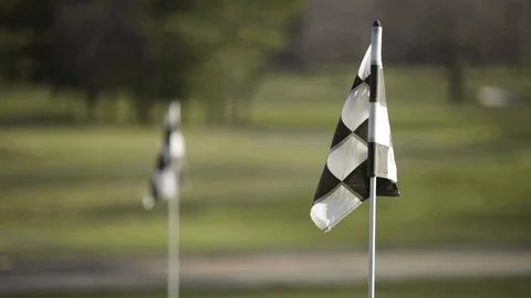 Tight shot of checkerd flags at golf course PGA Vídeos de archivo 106179275
