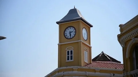 Tight Shot Clock Tower, Phuket Town, Thailand Stock Footage 85415354