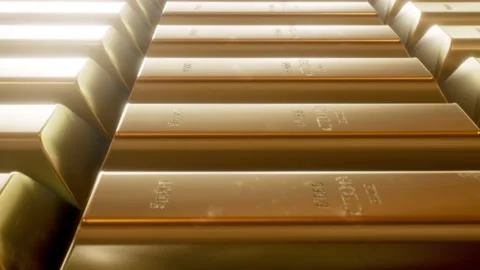 A Tight shot pushing back over rows of gold bars Stock Footage 155300523