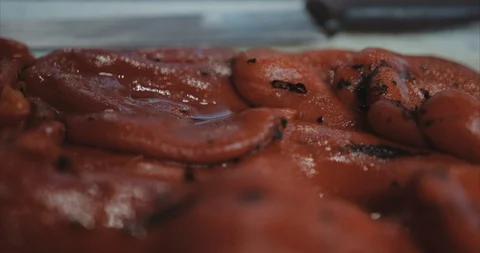 Tight tracking shot of charred red peppers Stock Footage 105308249