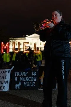 Tight Trumpet Player Protest outside White House at night with PROTECT MUELLER Stock Photos