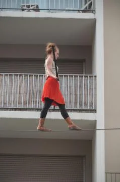 Tightrope walker performance during four hours in Mulhouse. Stock Photos