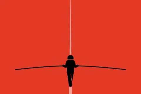 Tightrope walker walking and balancing on the wire with a long pole. Stock Illustration