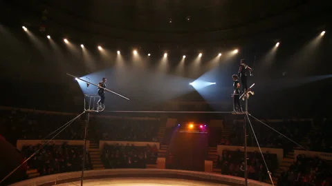 Tightrope walkers at the circus, Stock Video