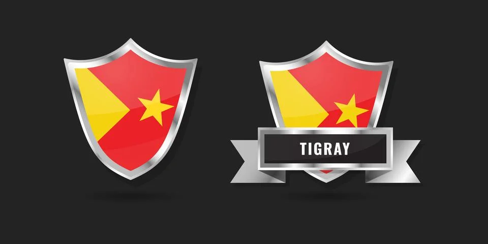 Tigray Flag Shield and Silver Ribbon Banner Vector - Tigrayan Regional Stat.. Illustrazione stock