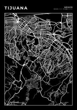 Tijuana Map Wall Art Frame, Cartography Map Print, City Layout Map Stock Illustration