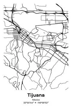 Tijuana, Mexico - vector map of city in Black, white, gray, BW colors Stock Illustration