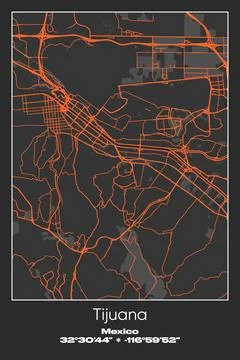 Tijuana, Mexico - vector map of city in Gray, Black, Orange colors Stock Illustration