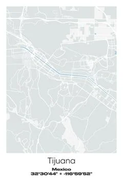 Tijuana, Mexico - vector map of city in Gray, white, green, blue colors Stock Illustration