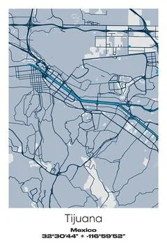 Tijuana, Mexico - vector map of city in Blue, Gray, Yellow, Olive colors Stock Illustration