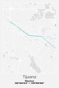 Tijuana, Mexico - vector map of city in Gray, white, blue colors Stock Illustration