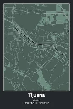 Tijuana, Mexico - vector map of city in Dark gray, Gray, Green, gray-green color Stock Illustration