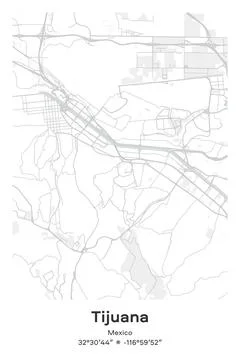 Tijuana, Mexico - vector map of city in Pastel, Gray, White, Green colors Stock Illustration