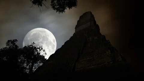 Tikal by Night with Full Moon: Ancient Pyramid Maya in Rainforest of Guatemala Stock Footage 107770977