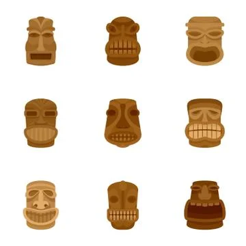 Tiki icon set, flat style Stock Illustration