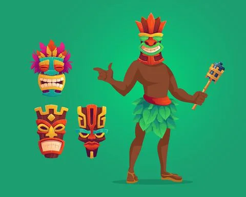 Tiki man with torch and masks, wooden totems set Stock Illustration
