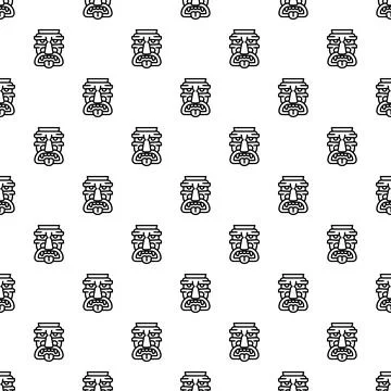 Tiki mask tribal pattern repeating background outline Stock Illustration