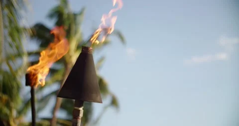 Tiki torch is lit with coconut trees in background Maui Hawaii. Video stock 134375174
