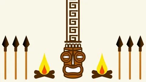 Tiki Warrior Beside Campfire Flanked by Many Spears and Wall Stock Footage 340297084