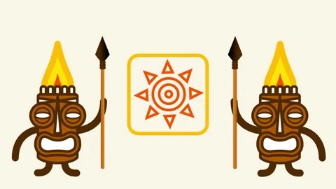 Tiki Warrior Holding Sun Tablet Flanked by Spear Statues Stock Footage 340305503