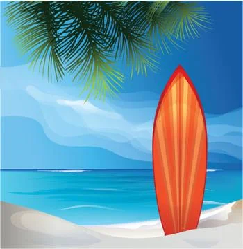 Tiki warrior mask design surfboard on ocean beach Stock Illustration