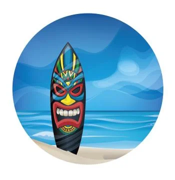 Tiki warrior mask design surfboard on ocean beach Stock Illustration