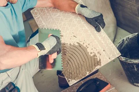 Tile Adhesive Application Closeup Stock Photos