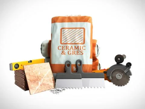 Tile adhesive in the package ceramic glue tile laying tools 3d render on whit Illustrazione stock
