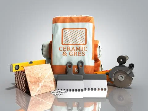Tile adhesive in the package ceramic glue tile laying tools 3d render on grey 스톡 일러스트