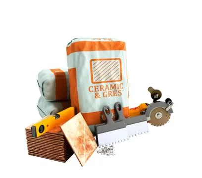 Tile adhesive in the package ceramic glue tile laying tools 3d render on whit Illustrazione stock
