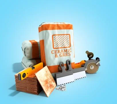 Tile adhesive in the package ceramic glue tile laying tools 3d render on blue 스톡 일러스트