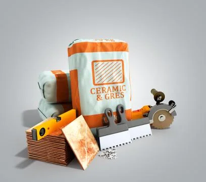 Tile adhesive in the package ceramic glue tile laying tools 3d render on grey 스톡 일러스트