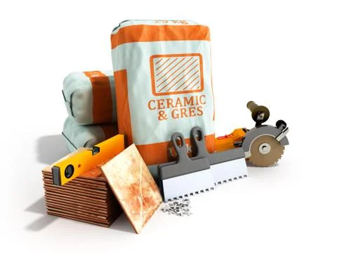 Tile adhesive in the package ceramic glue tile laying tools 3d render on whit 스톡 일러스트