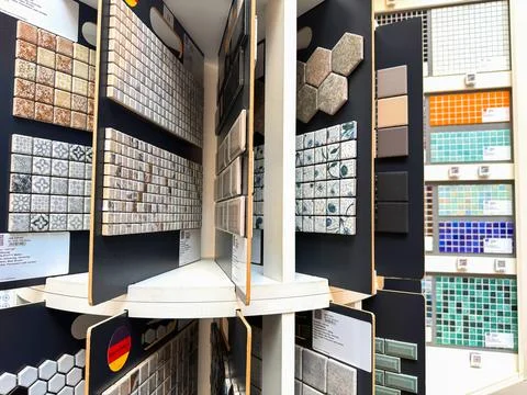 Tile and mosaic samples displayed in showroom. Stock-Fotos