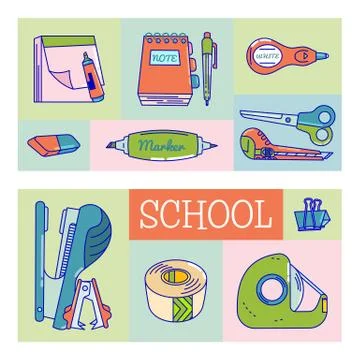 Tile back to school icon. Concept flyer and poster with school supplies. Illustrazione stock